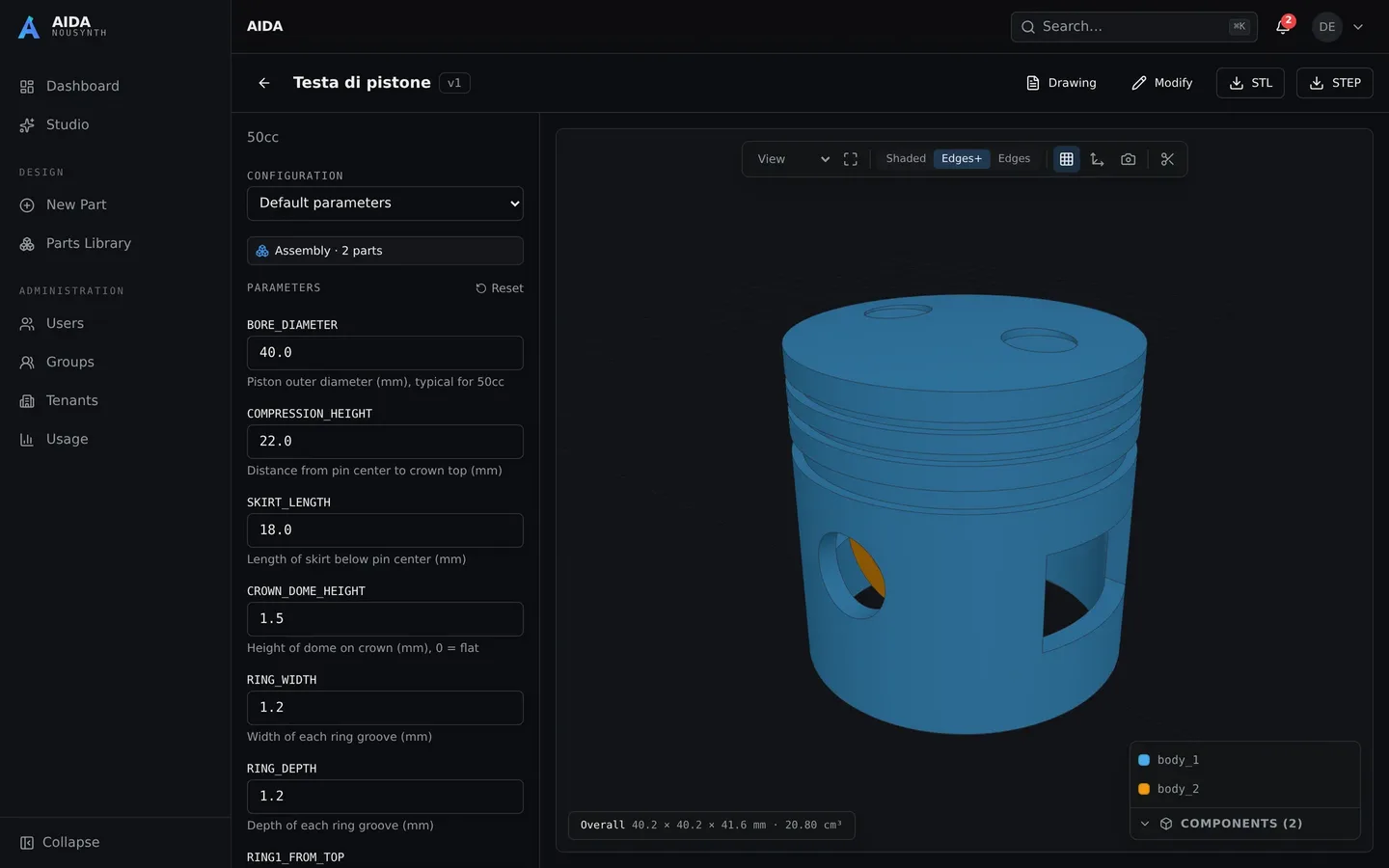 Every part is fully parametric — named parameters, 3D viewer, STL/STEP export