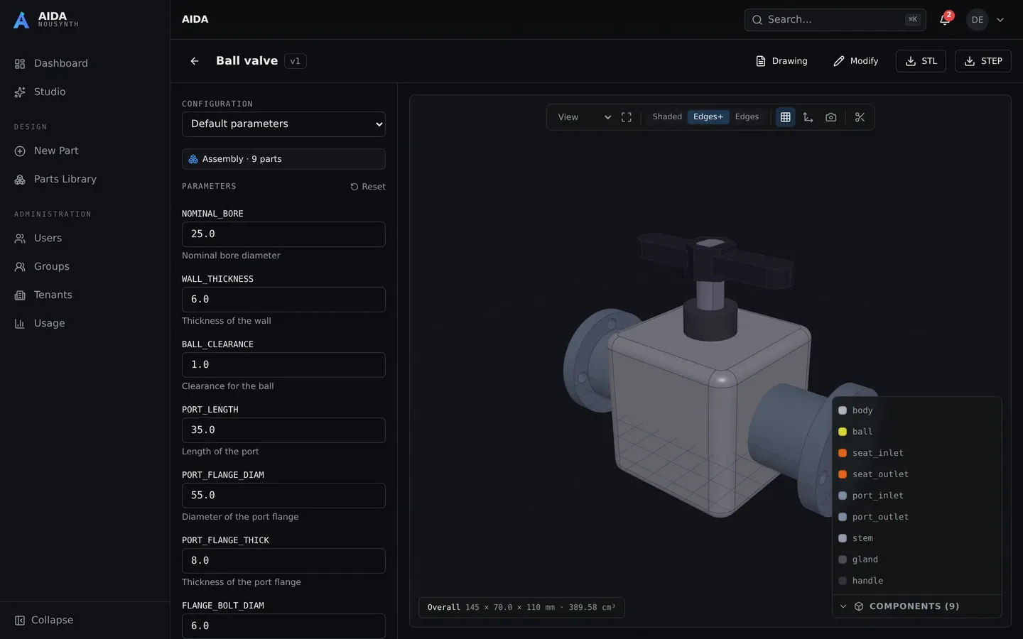 A 9-part ball-valve assembly, generated and fully parametric
